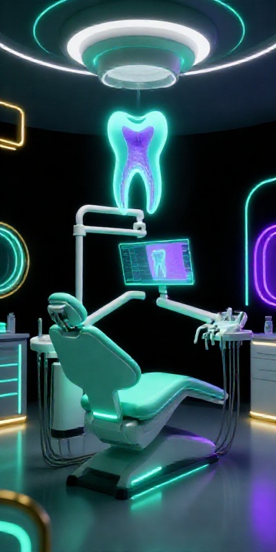 Modern endodontic clinic with mint and ultraviolet neon lighting showing advanced painless root canal treatment technology